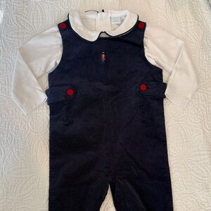 Navy Blue Boy Holiday Overalls with Red Accents